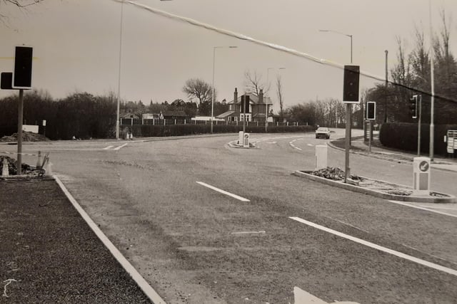Mains Lane at the junction with Shard Lane in 1977. The photo was taken because traffic lights were finally being installed to prevent the long, morning queues