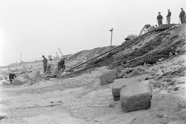 The building of Rossall sea wall in 1955