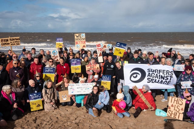 Quite a crowd: protesters at Fleetwood beach are calling for cleaner seas and to raise concerns that untreated sewage is being pumped into the Irish Sea