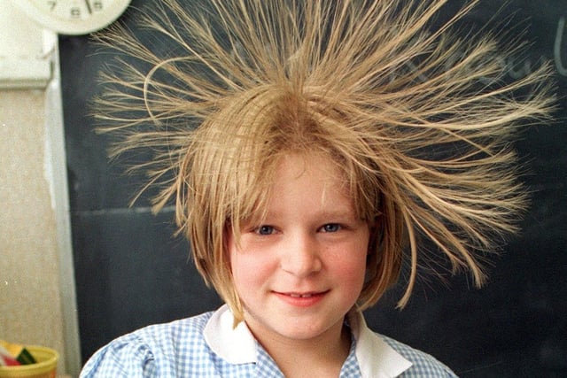 Devonshire Road Junior School pupil Natasha Sellers had a hair raising time with a static electricity generator during the school science day, 1997