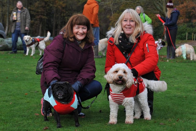BLACKPOOL - 04-12-22  Dogs and their owners take part in Walkies for Wards, a festive dog walk raising funds for Blue Skies Hospital Funds, a charity for Blackpool Teaching Hospitals, held in the grounds of Lytham Hall, Lytham.  from left, Jean Hunt with dog Perry and Maxine Ridgway with dog Ruby.