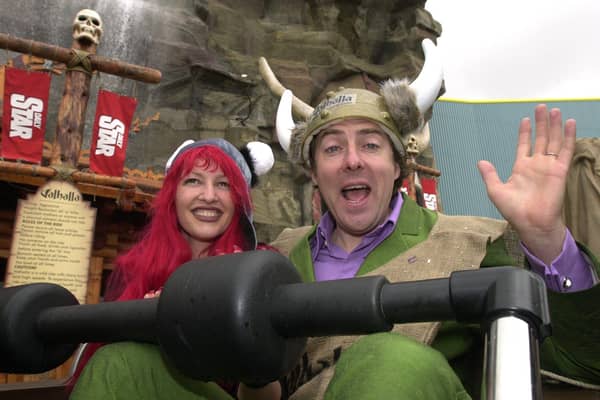 Jonathan Ross and his wife Jane Goldman at the launch of the Valhalla ride at Blackpool Pleasure Beach