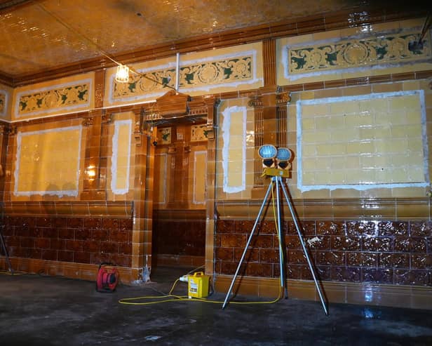 Still glazed and retaining their colour, the Burmantofts tiles which are bespoke to the Imperial Hotel, line the walls of the original Turkish Baths