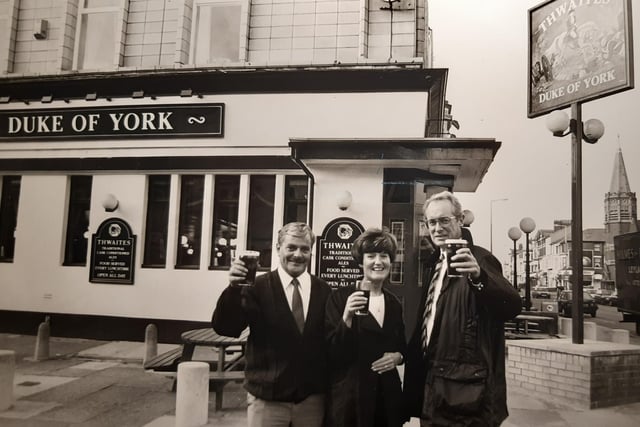 The re-opening of the Duke of York in 1992. Pictured left to right are managers Tony and Eileen McPhee and Thwaites Inns director and general manager John Watson