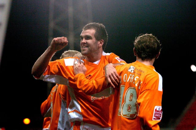 Ben Burgess celebrates scoring for Blackpool against Bournemouth. His final club was Tranmere Rovers but is now retired
