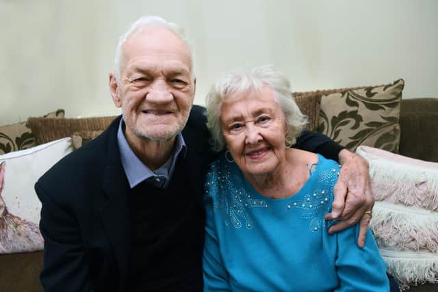 BLACKPOOL - 28-01-23 Happy couple John and Kathleen Etty from Thornton-Cleveleys, celebrate their 73rd wedding anniversary. They enjoy dancing and rubgy, John used to be a professional player.