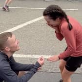 Niall West proposes to fiance Beth Miller during the Manchester Marathon on Sunday. The 28-year-olds from Bolton first met at Lancaster University and have been together for nine years.