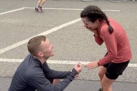 Niall West proposes to fiance Beth Miller during the Manchester Marathon on Sunday. The 28-year-olds from Bolton first met at Lancaster University and have been together for nine years.