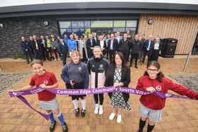 Opening of the Common Edge Community Sports Village. L-R Ellen Wolf, Charlie Dusic, Jess Simpson, coun Jo Farrell and Lia Thain open the new facility