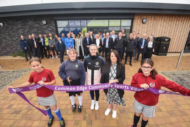 Opening of the Common Edge Community Sports Village. L-R Ellen Wolf, Charlie Dusic, Jess Simpson, coun Jo Farrell and Lia Thain open the new facility