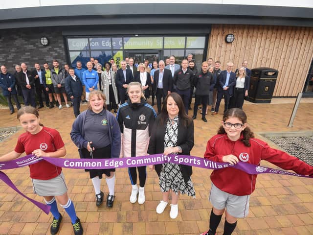 Opening of the Common Edge Community Sports Village. L-R Ellen Wolf, Charlie Dusic, Jess Simpson, coun Jo Farrell and Lia Thain open the new facility