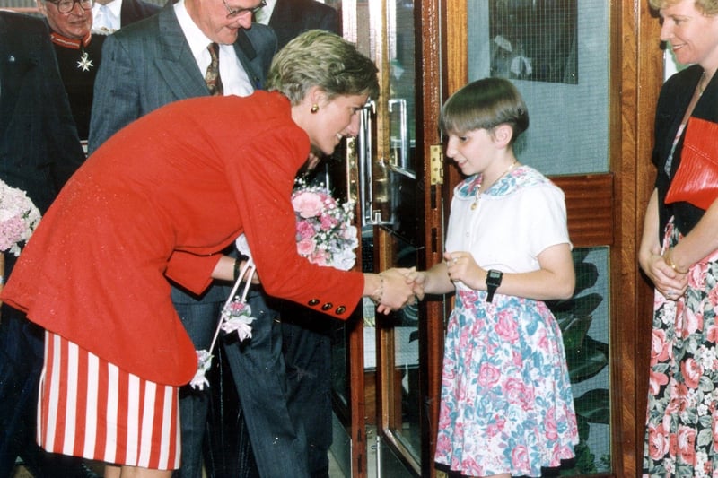 Princess Diana meets 10-year-old Rachel Hall when she visited the Blackpool, Fylde & Wyre Society for the Blind