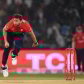 LAHORE, PAKISTAN - SEPTEMBER 30: Richard Gleeson  of England bowls during the 6th IT20 between Pakistan and England at Gaddafi Stadium on September 30, 2022 in Lahore, Pakistan. (Photo by Alex Davidson/Getty Images)