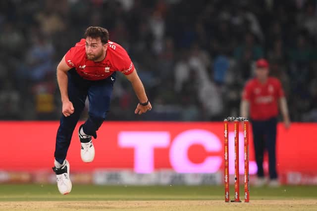 LAHORE, PAKISTAN - SEPTEMBER 30: Richard Gleeson of England bowls during the 6th IT20 between Pakistan and England at Gaddafi Stadium on September 30, 2022 in Lahore, Pakistan. (Photo by Alex Davidson/Getty Images)