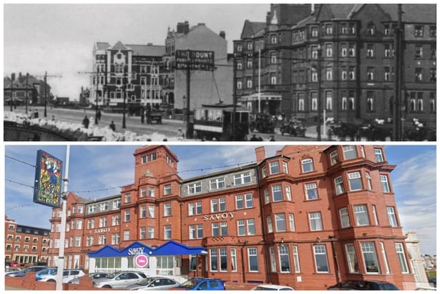 The Savoy Hotel is pictured at the top during the First World War and how it looks today. North of Gynn Square, the terracotta hotel was build around the turn of the 20th Century and the architect was T.G. Lumb. It opened in 1915 and the hotel's sun lounge, in Hathern's cream faience, was added in 1935 by Lumb and Walton