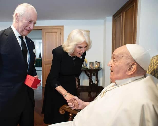 King Charles III and Queen Camilla meet Pope Francis during day three of their State visit to The Republic of Italy on April 09, 2025 in Vatican City. Picture: Vatican via Getty Images.