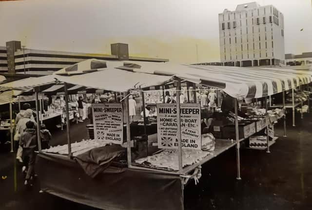Bonny Street Market in the shadows of the old police station and central car park in 1986
