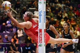 Eleanor Cardwell was player of the match in England's Netball World Cup win against Fiji in Cape Town (Photo by Ashley Vlotman/Gallo Images/Netball World Cup 2023)