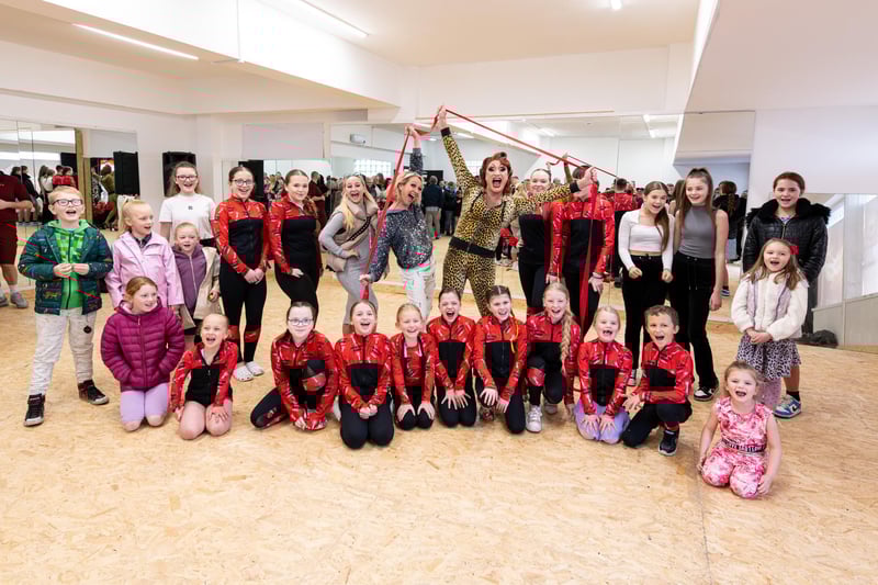 Nicky Figgins with Betty Legs Diamond and students at the official of opening of Stage Door Dance Studios in Bispham. Photo: Kelvin Lister-Stuttard