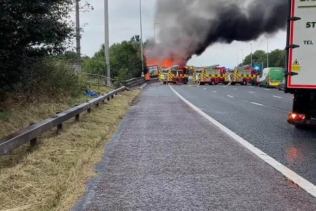 It appeared the lorry caught fire after it struck a bridge parapet and several sections of barrier after straying across several lanes of traffic before coming to a rest, according to National Highways.