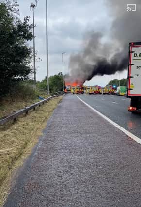 It appeared the lorry caught fire after it struck a bridge parapet and several sections of barrier after straying across several lanes of traffic before coming to a rest, according to National Highways.