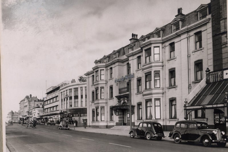 County Hotel was on the corner of the promenade and Church Street to the right is part of the glass canopy of The Palace. Both were demolished in the 1960s to make way for  Lewis's department store