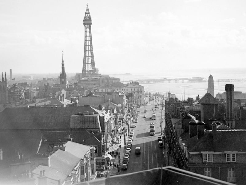 A view of Blackpool Tower looking south from the roof of the Regent Court flats in 1963. To the left of the Tower is the spire of the Town Hall (removed in 1966) and on the right is the Metropole Hotel complex