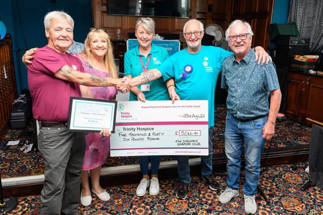 (l-r) Colin Rockett, Sheree Little, Janet Atkins, Eddie Peek and Syd Little hand over a cheque to Trinity Hospice at the Steamer pub in Fleetwood where a karaoke group, which runs sessions on Tuesdays and Fridays, with a bucket collection, has raised an impressive £5,000 for Trinity Hospice. Photo: Kelvin Stuttard