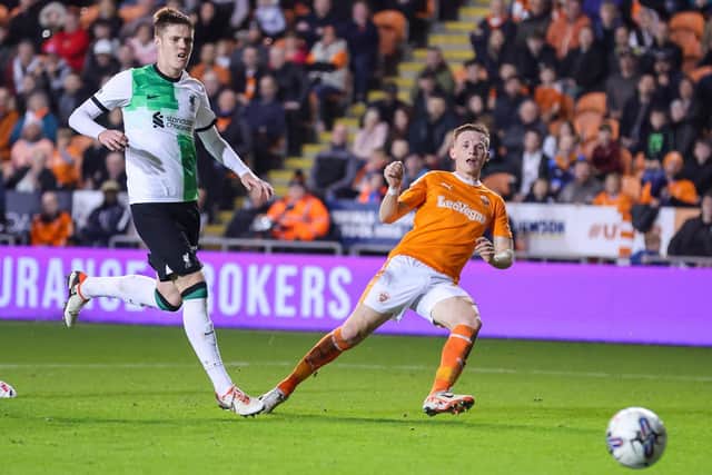 Andy Lyons scores Blackpool's fifth goal against Liverpool's U21s on Tuesday Picture: Alex Dodd/CameraSport
