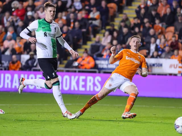 Andy Lyons scores Blackpool's fifth goal against Liverpool's U21s on Tuesday Picture: Alex Dodd/CameraSport