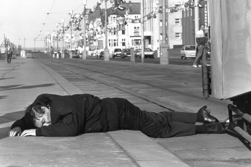 This is a famous scene from 1989 when Alan Bradley, played by Mark Eden, was killed when he was knocked over by a Blackpool tram