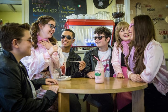 Tom Campbell as Sonny, Ellie Ormerod as Jan, Ben David as Roger Rowan Keane as Doody, Natalya Stone as Frenchy, and Sophie Morrison as Marty in the Lytham Academy of Theatre Arts' produiction of Grease