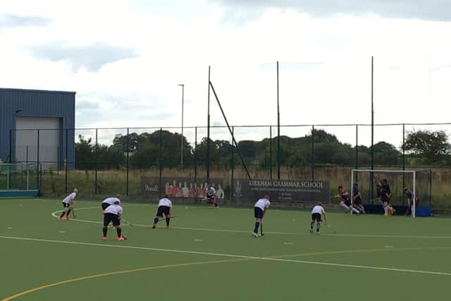 Fylde Men have a short corner in their opening-day hockey win over Keswick