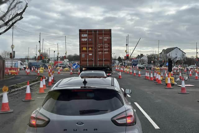 A phasing issue with the roundabout’s traffic lights has caused chaos with long queues of traffic in both directions this morning. Pic credit: Andrew Figg