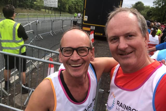 Chorley comedian and Britain's Got Talent finalist Steve Royle (left) helped raise £8,600 for Rainbow Hub in the Great North Run. Pictured with Nigel Teasdale