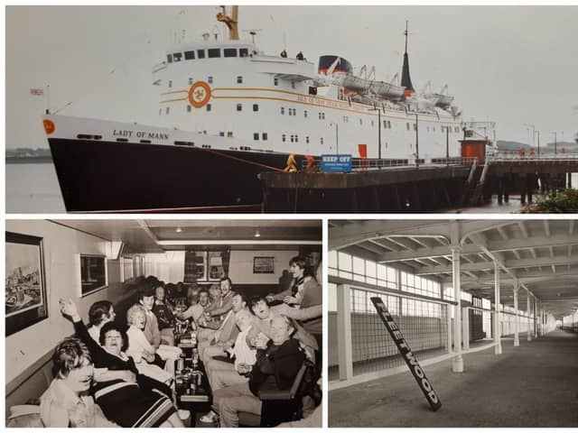 The Lady of Man, passengers on board in 1985 and the sorrowful sight of the Fleetwood terminal sign after the service ceased operation