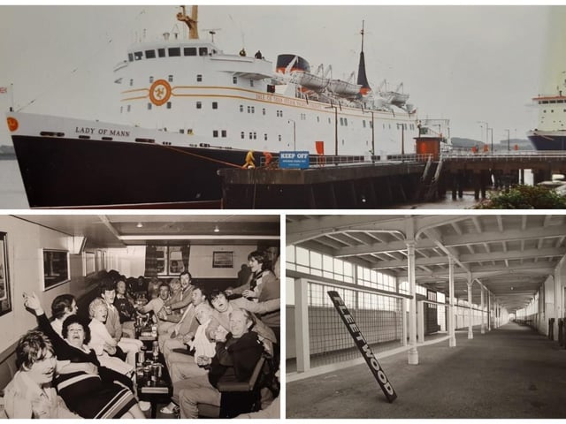 The Lady of Man, passengers on board in 1985 and the sorrowful sight of the Fleetwood terminal sign after the service ceased operation