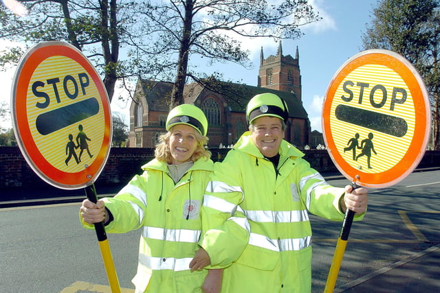 Lollipop Ladies Lesley Cawley (left) and Anne Warburton in 2004