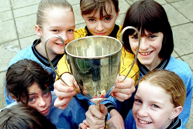 The triumphant U12 girls' football team from Collegiate High School,  won the Blackpool area Wagon Wheels Cup, 1998