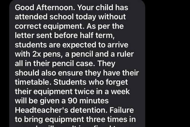 The message from Millfield High School in Thornton to parents whose children turned up to class without a pen, pencil or ruler