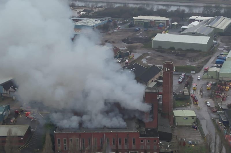 A drone shot of the fire on the Lune Industrial Estate.