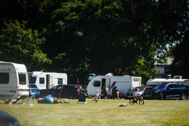 A group of travellers who took up residence on Revoe Park in Blackpool have been ordered to move on (Credit: Daniel Martino)