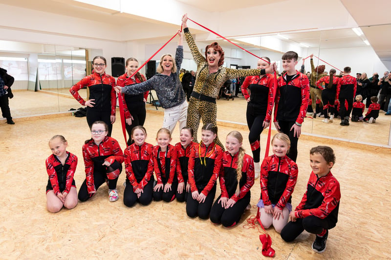 Nicky Figgins with Betty Legs Diamond and students at the official of opening of Stage Door Dance Studios in Bispham. Photo: Kelvin Lister-Stuttard