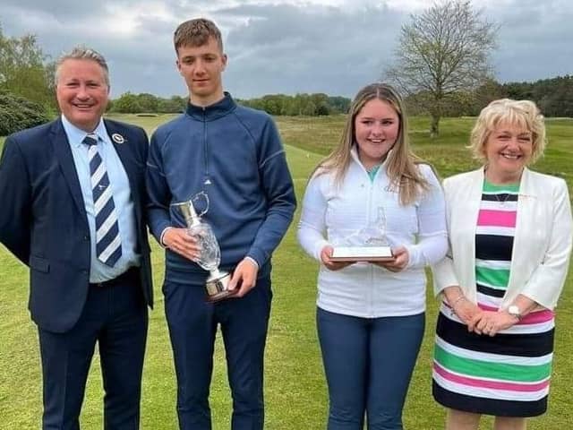 Fairhaven captain Simon Bone, with Fairhhaven Trophy boys' winner Ben Brown, girls' winner  Katie  Poots and Lady Captain Karen McLeod