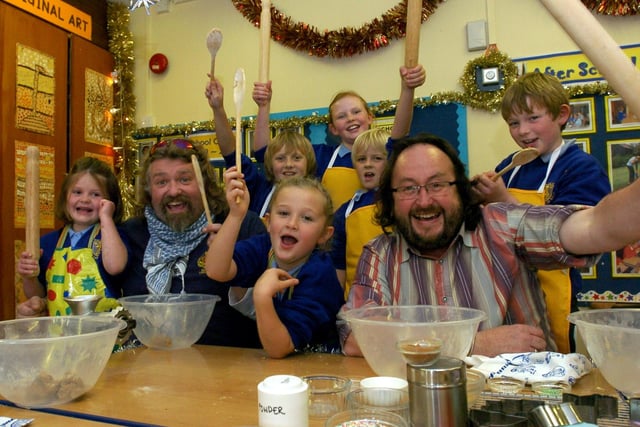 Receiving a warm welcome from children when they were filmed baking festive biscuits as part of a BBC Christmas special. The young cooks pictured are Cait Balderstone, Rhiannon Mawby, George Lawson, Zac Ward, Kyle Hothersall and Georgia Winrow.