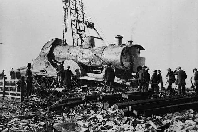 The engine amid the wreckage of the Warton signal box in the aftermath of the Lytham rail crash on November 4th 1924. The accident happened the previous day when the Liverpool Express travelling to Blackpool derailed after one of the locomotive's front tyres fractured