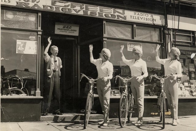 The 1953 opening of Maurice Green's shop in Ansdell Road Blackpool - the Beverley Sisters pose with bicycles from the shop which also sold radios and televisions