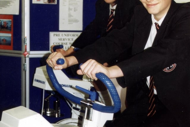 Adam Carrington and Elizabeth Waddicor, aged 15, testing their fitness levels at the Sports and Leisure Stand at the Blackpool & Fylde College Science Fair, 1998