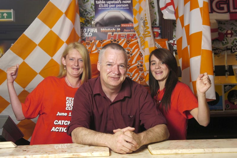Yates's in South Shore celebrating the announcement of Blackpool FC's fixture list. Pictured are June Bradley, John Dunlop and Cassie Simmonds