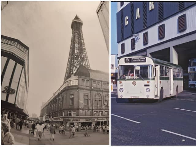 This photo montage shows two different elements to Blackpool town centre - the thriving shopping centre and the old bus station on Talbot Road. They are both scenes from the 1980s and in the bus station photo, two heritage buses in Blackpool transport's classic green and cream colours, were on the move